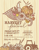 Vector illustration of an Autumn Fall Harvest Festival poster invitation design template. Includes cornucopia horn with lot's of fruits, vegetables, wheat, sunflowers, gourds, squash flowers and autumn leaves. Easy to edit with layers.