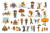 autumn fall thanksgiving halloween people outdoor and at home cartoon vector illustration set, man woman couples children walk with umbrellas, dogs, spend time in the park, ride bikes, read book, sit on bench, lying on maple leaves, decorate pumpkin, celebrate