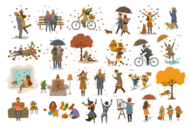 autumn fall thanksgiving halloween people outdoor and at home cartoon vector illustration set autumn fall thanksgiving halloween people outdoor and at home cartoon vector illustration set, man woman couples children walk with umbrellas, dogs, spend time in the park, ride bikes, read book, sit on bench, lying on maple leaves, decorate pumpkin, celebrate rain illustrations stock illustrations