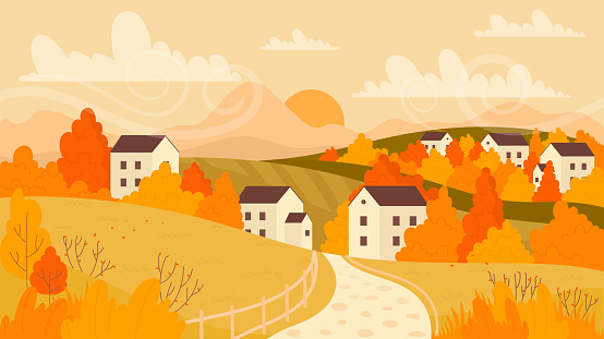 Autumn farm village landscape scene in yellow orange fall colors, rural road to houses