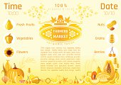 Yellow autumn farmers market fruit and vegetable vector invitation. Food icons, text lettering logo, organic diet icon. Fruits - pear, melon, cherry, peanut. Vegetables - corn, onion, cereals, apple