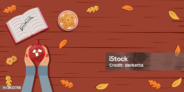 istock Autumn flatlay background, female hands holding a cup of hot chocolate, cookies, glasses and a book. Cozy fall concept. Vector illustration copy space 1413832788