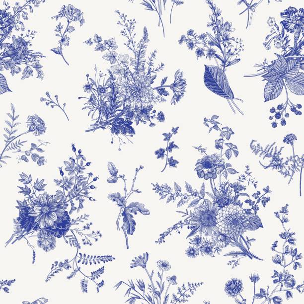 Autumn floral pattern. Seamless pattern. Autumn floral pattern. Classic illustration. Toile de Jouy flower designs stock illustrations