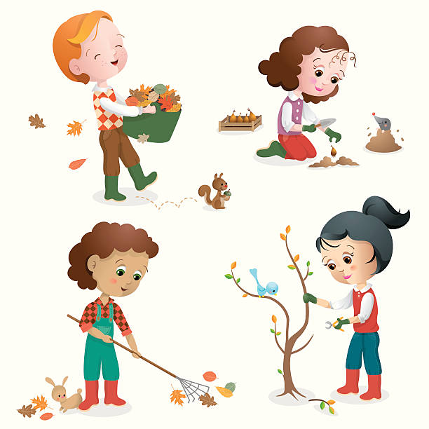 Autumn gardening kids vector art illustration