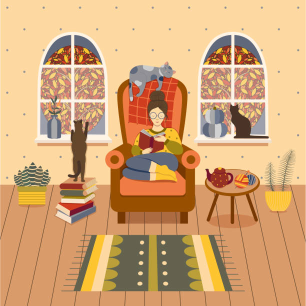 ilustrações de stock, clip art, desenhos animados e ícones de autumn girl on cozy reading at home - book cat