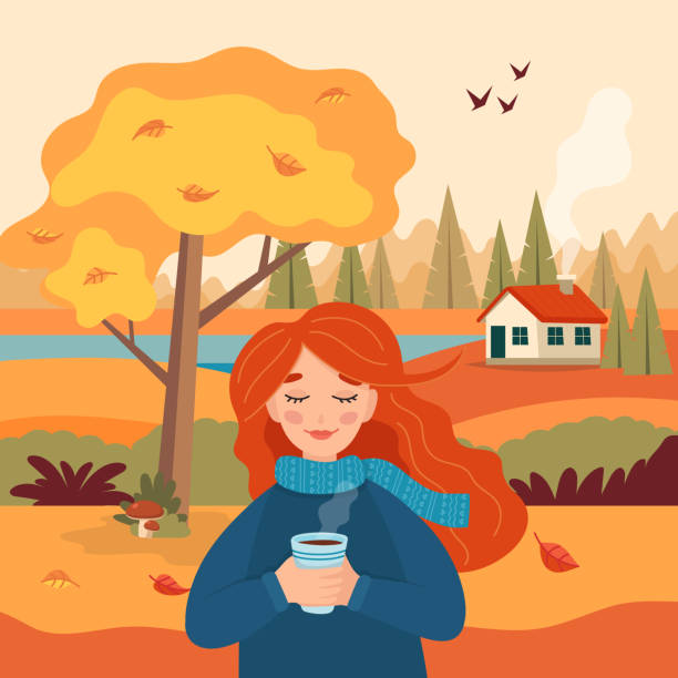 stockillustraties, clipart, cartoons en iconen met herfst meisje met koffie kopje, landschap landelijk uitzicht met gele boom, schattig huis, velden en natuur. vector illustratie in platte stijl - koffie nederland