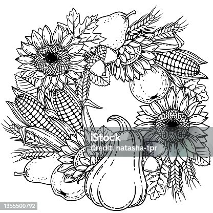 istock Autumn harvest for thanksgiving day. Vector coloring page for adult. Black and white wreath made with leaves, sunflower, corn, apple, pear, ears of wheat and pumpkin 1355500792