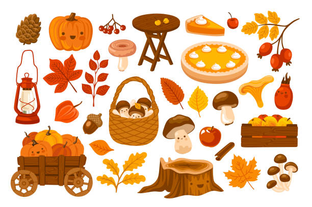 Autumn harvest illustrations. Pumpkin cart, apples crate, basket with mushrooms, berries and fallen leaves. Set of fall stickers for scrapbooking. Vector hand-drawn elements. autumn symbols stock illustrations