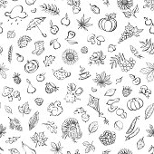 Set of black and white vector illustration icon doodles arranged in a seamless pattern.