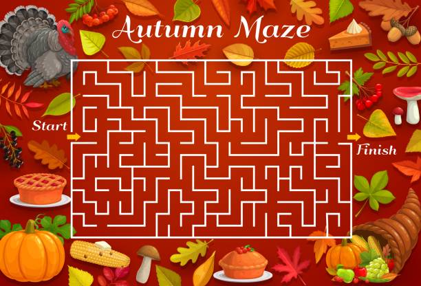 Autumn labyrinth maze game, Thanksgiving turkey Autumn labyrinth, vector maze game with Thanksgiving turkey and cornucopia, autumn leaves and harvest holiday pie. Kids education worksheet with square maze and frame border of red maple foliage maze borders stock illustrations
