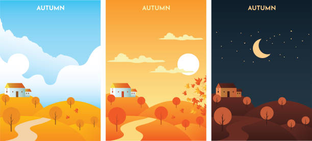 Autumn Landscape at sunrise, sunset and night. Autumn Season banners...