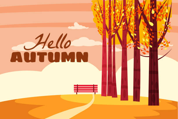 Autumn landscape, Hello autumn fall trees with yellow leaves, lonely...