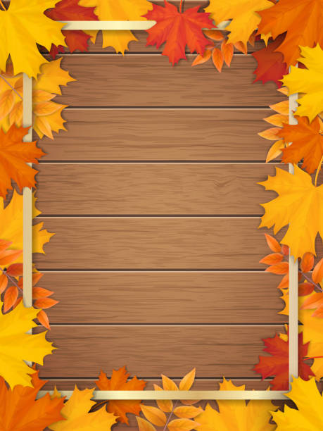 autumn leaves golden frame wooden background Golden frame decorated of fallen maple leaves. Autumn foliage on the background of a wooden vintage table surface. Realistic vector. Template for a seasonal sale, invitation or advertisement card. fall background stock illustrations