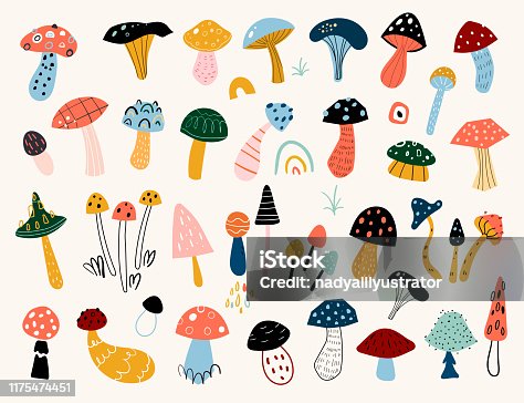 istock Autumn mood. Hand drawn big vector set of various types of mushrooms. Colored trendy illustration. 1175474451