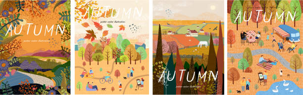 Autumn nature. Cute vector illustration of landscape natural background, village, people on vacation in the park at a picnic, forest and trees. Drawings from the hand Autumn nature. Cute vector illustration of landscape natural background, village, people on vacation in the park at a picnic, forest and trees. Drawings from the hand drop illustrations stock illustrations