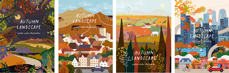 Autumn nature, village, country, city landscapes. Vector illustration of natural, urban and rustic background for poster, banner, card, brochure or cover.