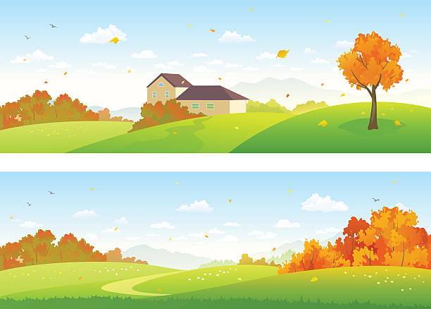 Autumn panoramic landscapes vector art illustration