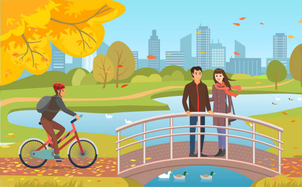 Autumn Park with Couple and Guy Riding Bicycle Autumn park with guy in helmet riding bicycle, couple on bridge over pond, windy weather. Flying fall leaves and city skyscrapers vector illustration. duck pond stock illustrations