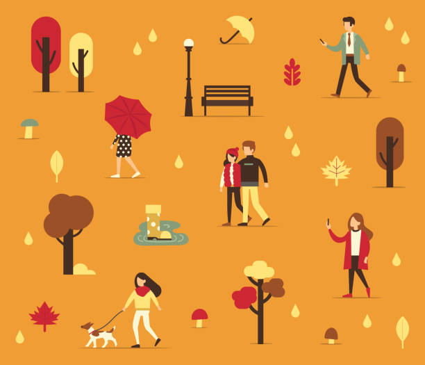 autumn people Autumn season background with people. Flat style vector illustration. falling illustrations stock illustrations