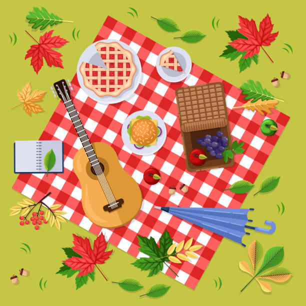 bildbanksillustrationer, clip art samt tecknat material och ikoner med höst picknick i parken eller skogen. hösten landskap, löv och mat på röd pläd, top visa illustration. vector bakgrund. - picknick