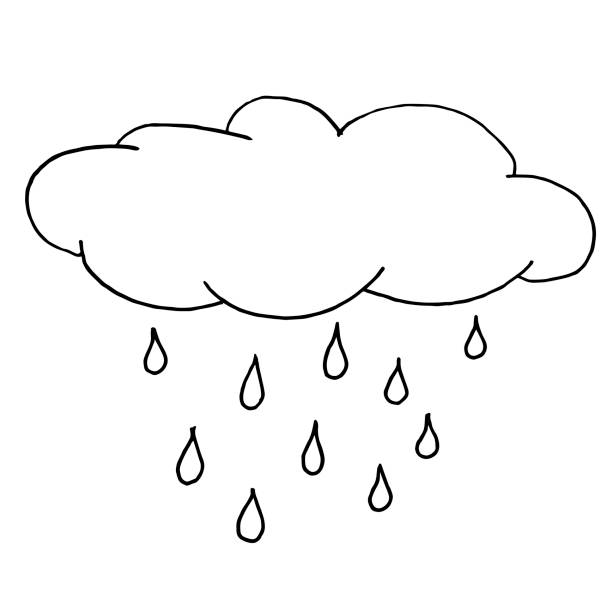 Autumn rainy cloud. Monochrome sketch, hand drawing. Black outline on white background. Vector illustration Cloud with falling drops of rain. Sketch, hand drawing. Black outline on white background. Vector illustration rain drawings stock illustrations