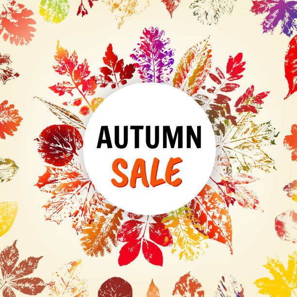 Autumn sale background with colorful leaves imprints. Vector illustration vector art illustration