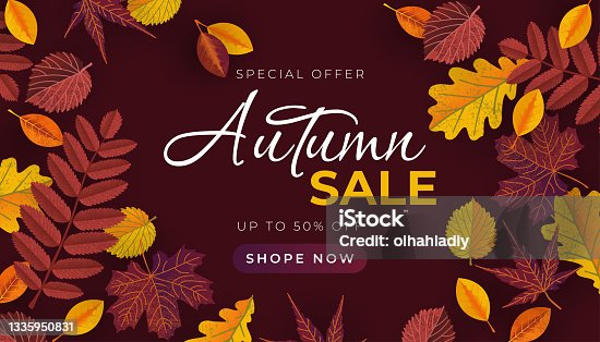 istock Autumn sale banner with leaves. Vector template for sale banner, promo poster, flyer, invitation, website, greeting card, etc 1335950831