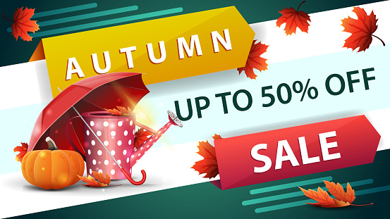 Autumn sale, horizontal discount web banner for your website with creative design, garden watering can, umbrella and ripe pumpkin