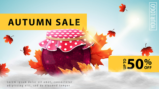 Autumn sale, light discount web banner for your website with jar of jam and maple leaves