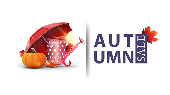 Autumn sale, modern design of a discount banner for your site with garden watering can, umbrella and ripe pumpkin