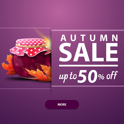 Autumn sale, square banner for your website, advertising and promotions with jar of jam and maple leaves