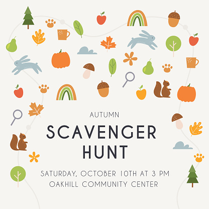 Autumn Scavenger Hunt Game or Woodland Walk Card, Poster or Invitation. Vector Design