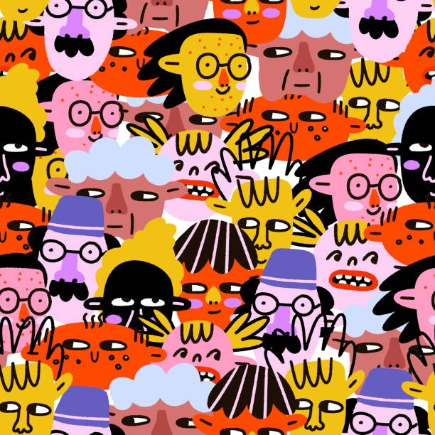 autumn seamless pattern -  apathetic faces of mixed-race people.diversity of people - young,old,children,non-binary,lgbt.80s psychedelic bizarre style.template for printing paper and fabric описание (на английском языке)1 - 非二元性別 插圖 幅插畫檔、美工圖案、卡通及圖標