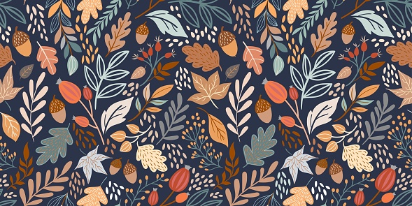 Autumn seamless pattern with different leaves and plants