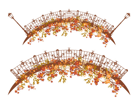 autumn season iron bridge with street lights vector design set