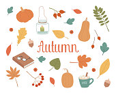 Autumn set cute elements: leaves, cup, book, candle, acorn, berries, pumpkin. Objects for autumn design, vector hand-drawn illustration.