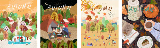 Autumn. Set of vector illustrations of a happy family on holidays at a picnic, car trips, a park with leaf fall and a cozy table with coffee. Freehand drawings for a poster, banner or card Autumn. Set of vector illustrations of a happy family on holidays at a picnic, car trips, a park with leaf fall and a cozy table with coffee. Freehand drawings for a poster, banner or card drawing of family picnic stock illustrations