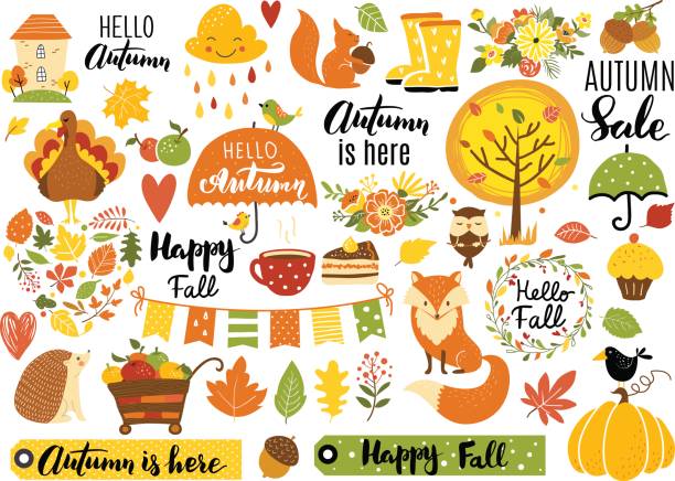 Autumn set Autumn set, hand drawn elements- calligraphy, fall leaves, forest animals, wreaths, and other. Perfect for web, card, poster, cover, tag, invitation, sticker kit. Vector illustration autumn icons stock illustrations