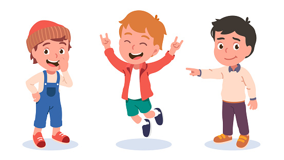 Autumn & spring kids outdoors clothes fashion styles. Boys laugh, smile, gesture. Show rock horn, jump, point finger. Kids have fun gesturing. Children cartoon characters flat vector illustration set