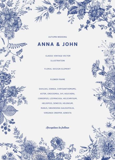 Autumn. Vintage floral illustration. Wedding invitation. Autumn. Blue and white wedding borders stock illustrations