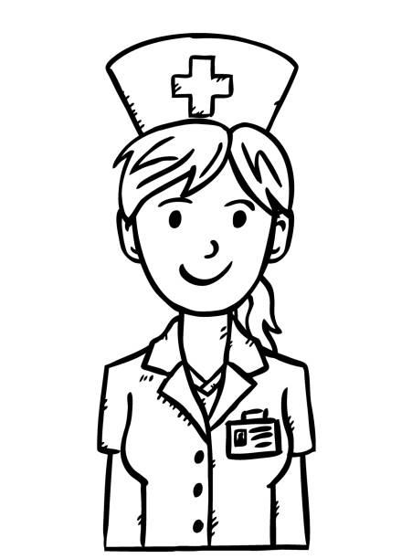 Avatar of happy nurse with brown hairs. Hand drawn black and white Vector illustration. Avatar of happy nurse with brown hairs. Hand drawn black and white Vector illustration. nurse drawings stock illustrations