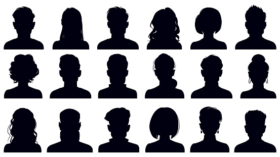 Avatar portrait silhouettes. Woman and man faces portraits, anonymous characters avatars. Adult people head silhouettes vector illustration set. Female and male heads with long and short hair