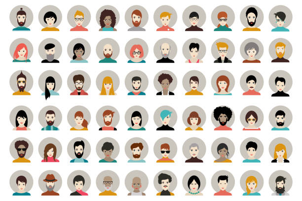 ilustraciones, imágenes clip art, dibujos animados e iconos de stock de avatar, mujer, cabezas de hombre. personas de forma vectorial cabezas de diferentes nacionalidades - portrait