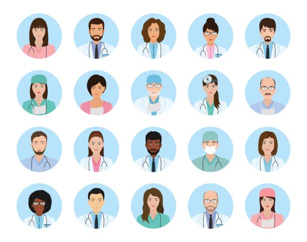 Avatars characters doctors and nurses set. Medical people icons of faces on a blue background. Avatars characters doctors and nurses set. Medical people icons of faces on a blue background. Flat style vector illustration. nurse face stock illustrations