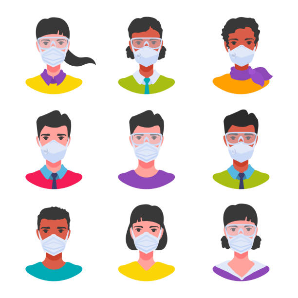 아바타 세트. 사람들은 보호 마스크와 고글을 착용합니다. 바이러스 감염의 예방. - n95 mask stock illustrations