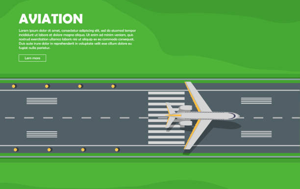 Aviation. Aircraft. Runway. Flight. Vector Banner Aviation vector illustration of airplane. Plane, airport, runway, takeoff, grass, marking, lights. Vector informative poster, banner illustration For airport hall or website about airplanes airport runway stock illustrations