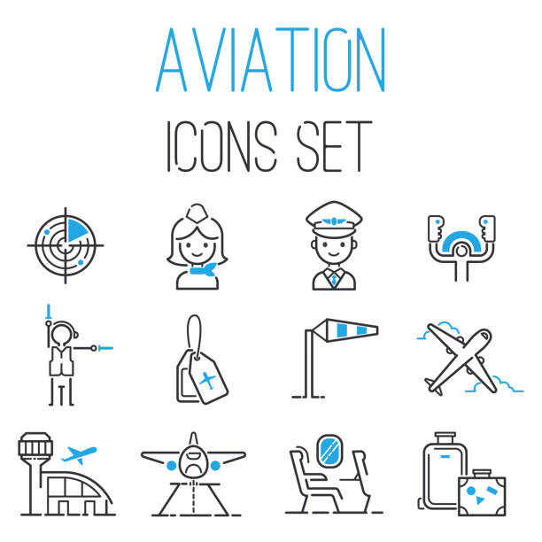 Aviation icons vector set airline outline graphic illustration flight airport transportation passenger design departure Aviation icons vector set airline outline graphic illustration flight airport transportation passenger design departure. Aviation icons departure cargo world luggage boarding aircraft. airport clipart stock illustrations