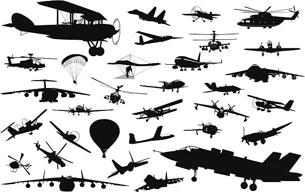 Aviation Vintage and modern aircraft silhouettes collection. Vector on separate layers military airplane stock illustrations