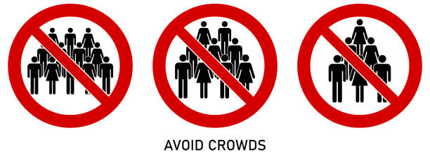 Avoid crowds social distancing sign. Group of people drawing in red crossed circle. Icon can be used during coronavirus or covid19 outbreak Avoid crowds social distancing sign. Group of people drawing in red crossed circle. Icon can be used during coronavirus or covid19 outbreak avoidance stock illustrations