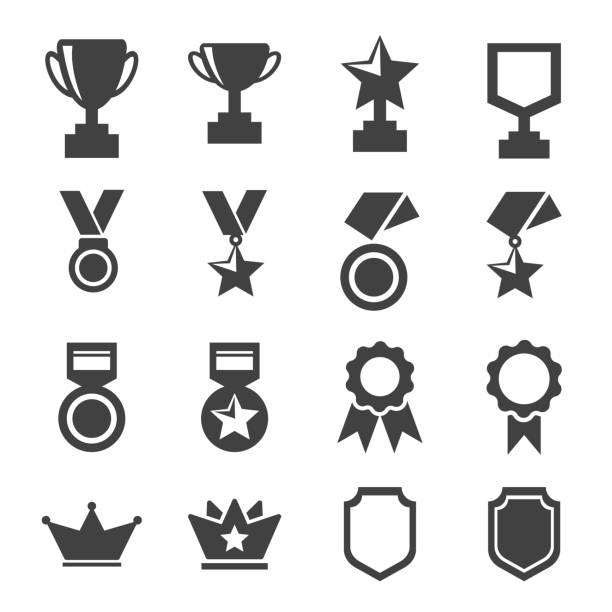 ilustraciones, imágenes clip art, dibujos animados e iconos de stock de conjunto de iconos de premio y trofeo. ilustración de vector. - award icon
